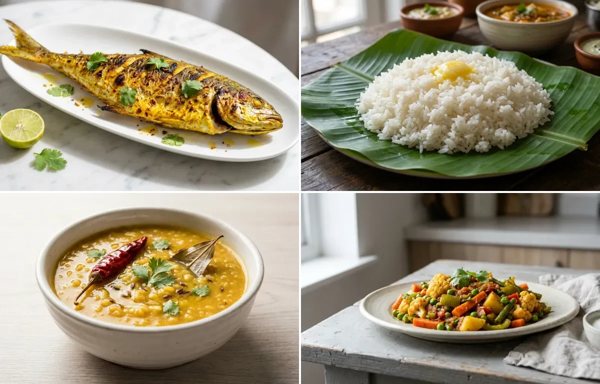 Grilled Surmai with Steamed White Rice with Moong Dal with Mixed Vegetable Sabzi with Dahi