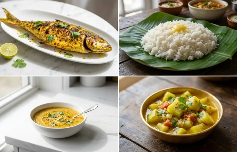Grilled Surmai with Steamed White Rice with Toor Dal with Lauki Sabzi with Dahi