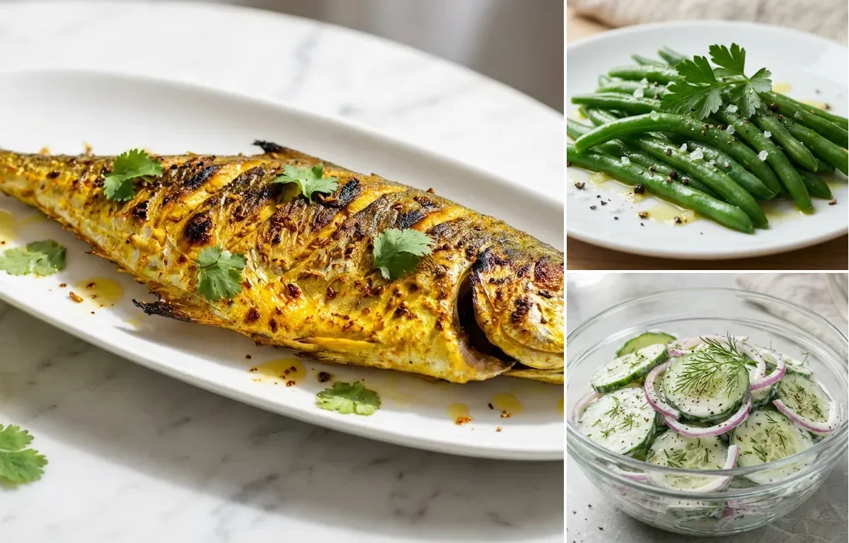 Grilled Surmai with Steamed Green Beans with Cucumber Salad