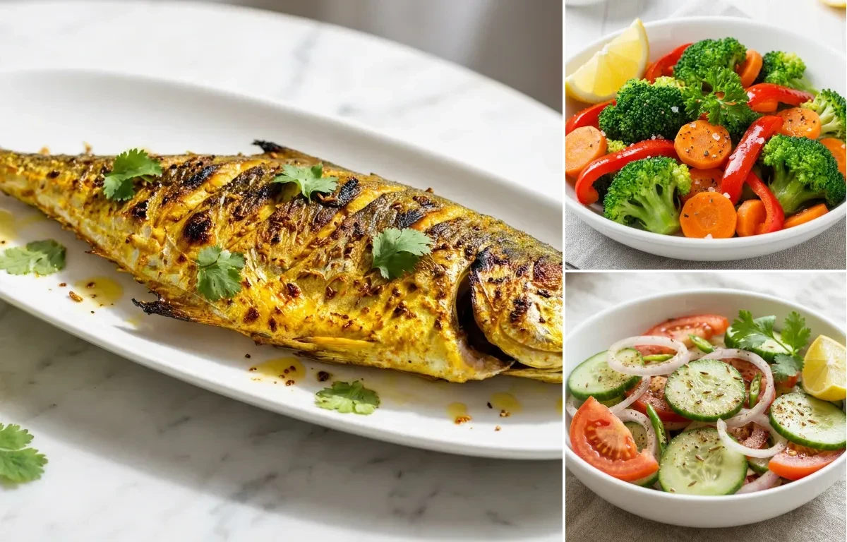 Grilled Surmai with Steamed Vegetables with Green Salad