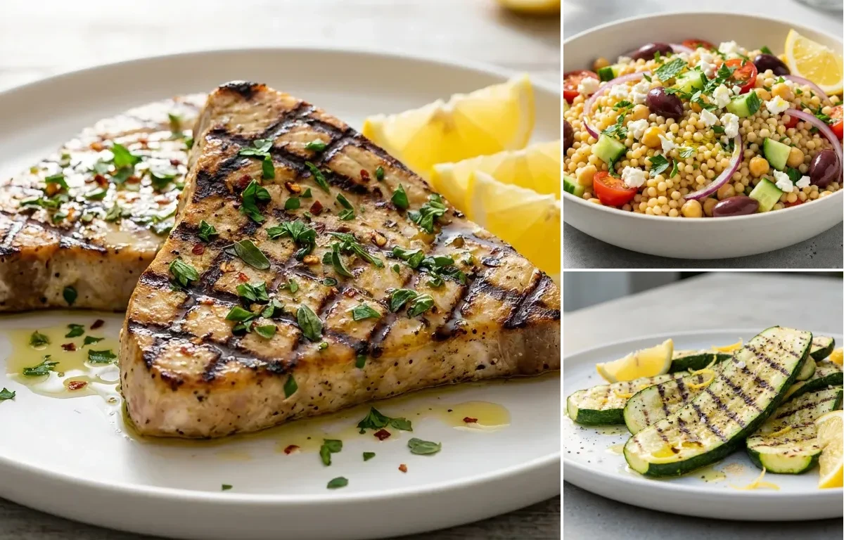 Grilled Swordfish Steaks with Couscous Salad and Grilled Zucchini