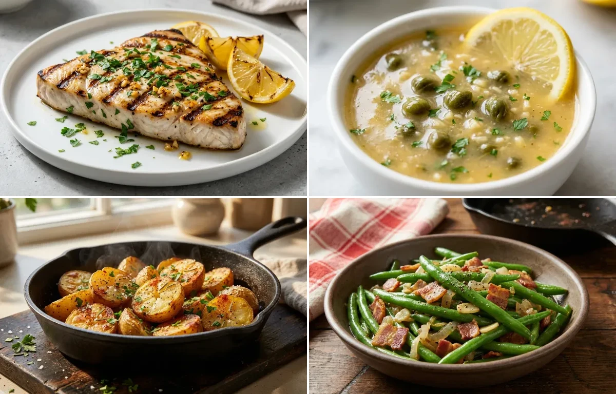 Grilled Swordfish with Lemon and Garlic with Lemon Caper Sauce, Roasted Potatoes and Sauteed Green Beans with Bacon