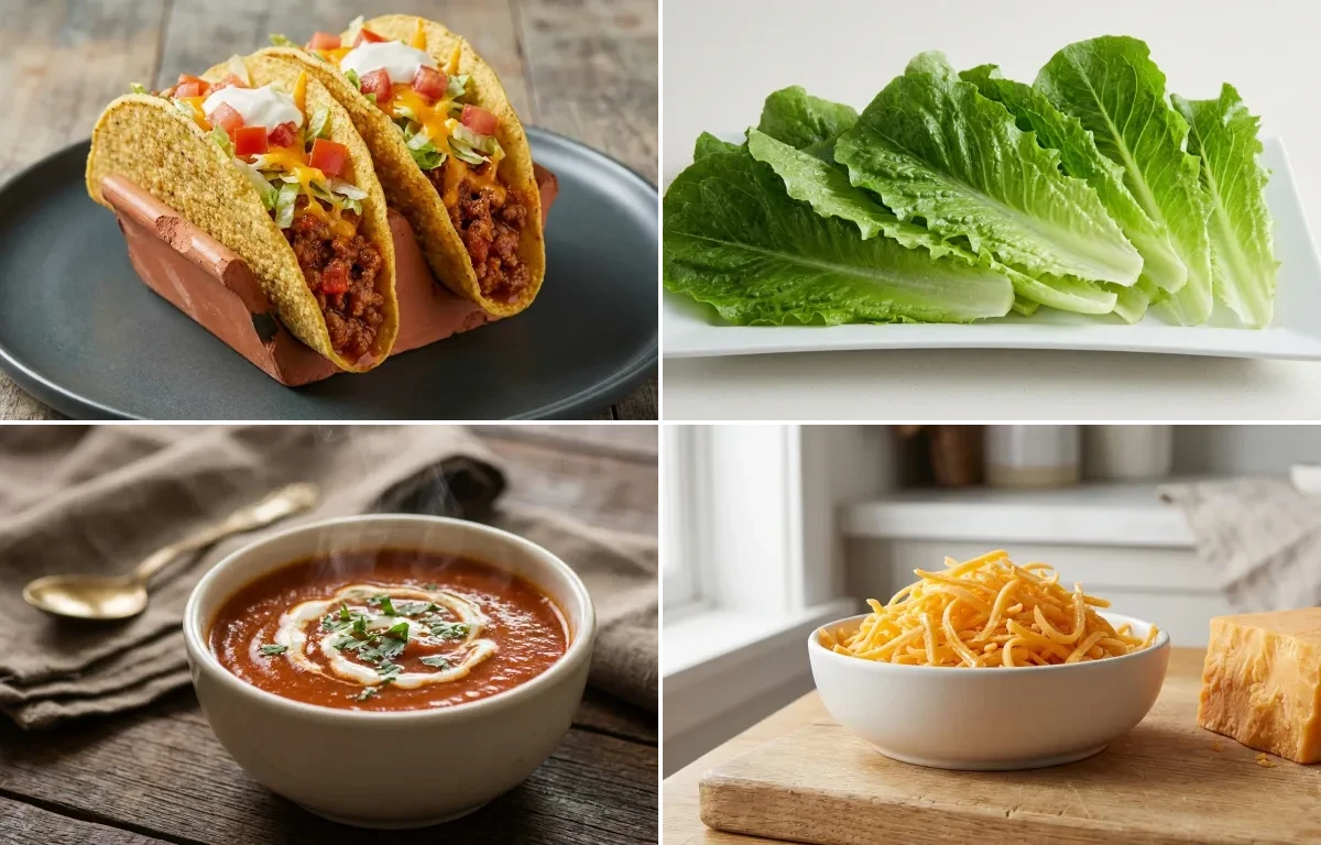 Ground Beef Tacos with Lettuce Leaves, Tomato Soup and Shredded Cheese