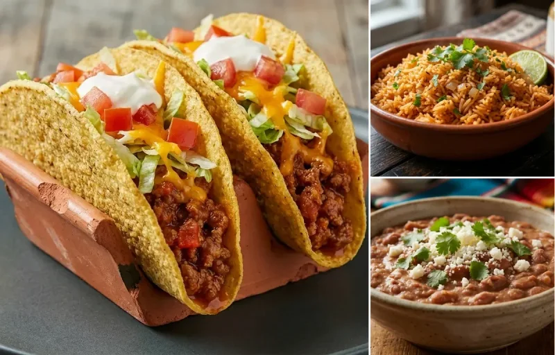 Ground Beef Tacos with Spanish Rice and Tex-Mex Refried Beans