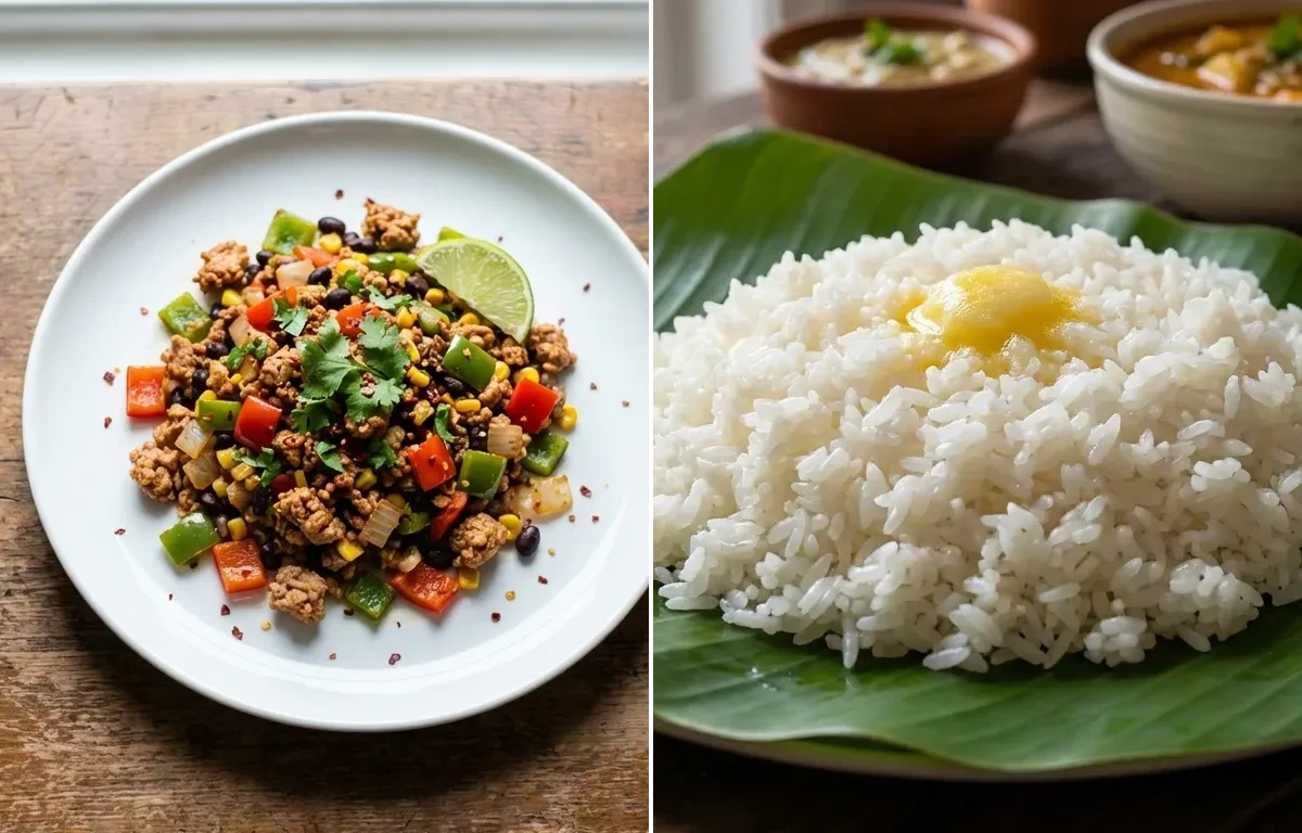 Ground Turkey Skillet with Steamed Rice