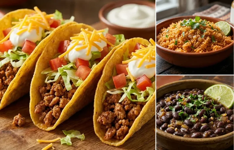 Ground Turkey Tacos with Spanish Rice and Savory Black Beans