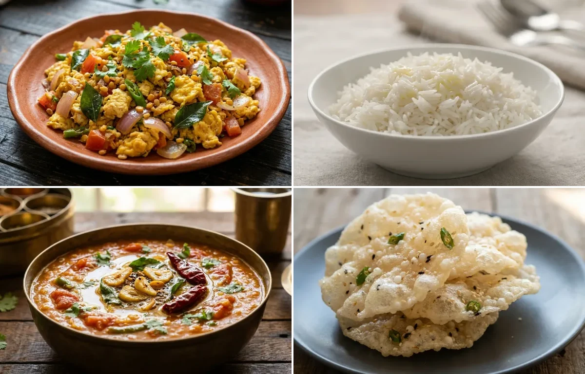 Guddu Porutu with Steamed Basmati Rice, Tomato Pappu and Biyyam Vadiyalu