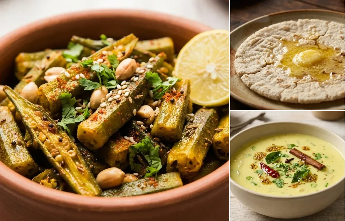 Gujarati Bhinda nu Shaak with Jowar Bhakri and Gujarati Kadhi