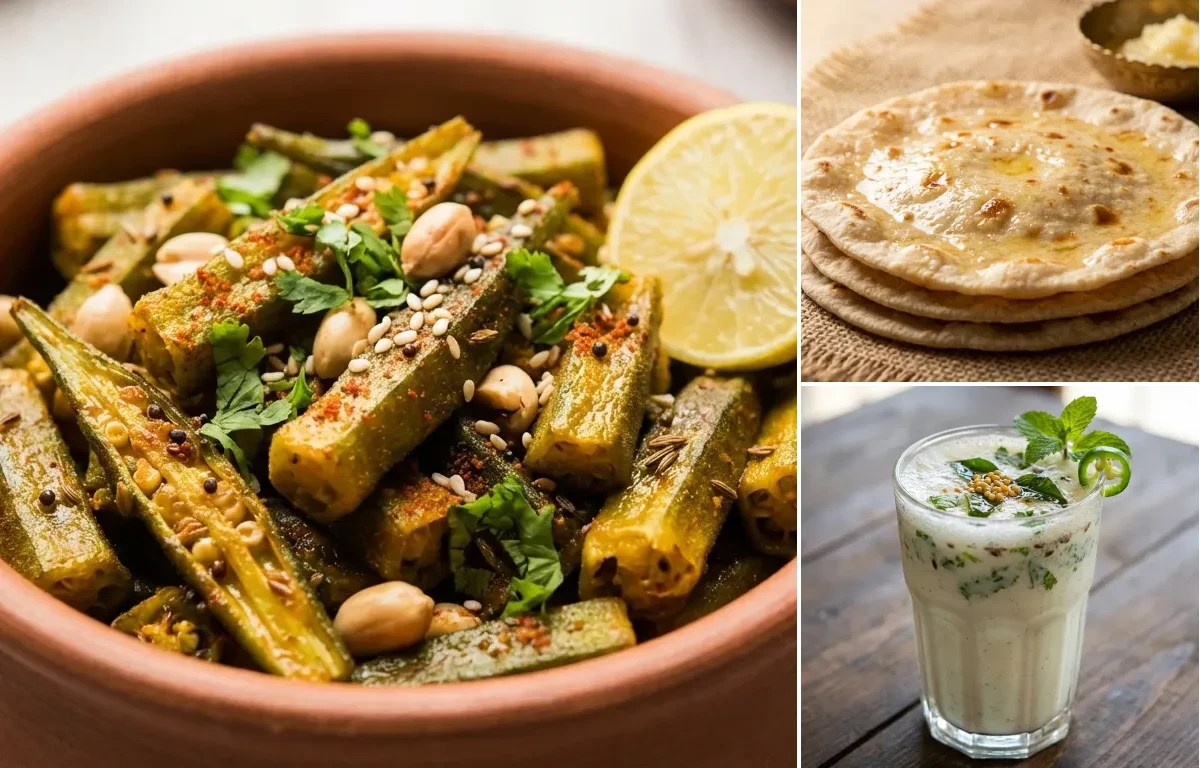 Gujarati Bhinda nu Shaak with Rotli and Masala Chaas