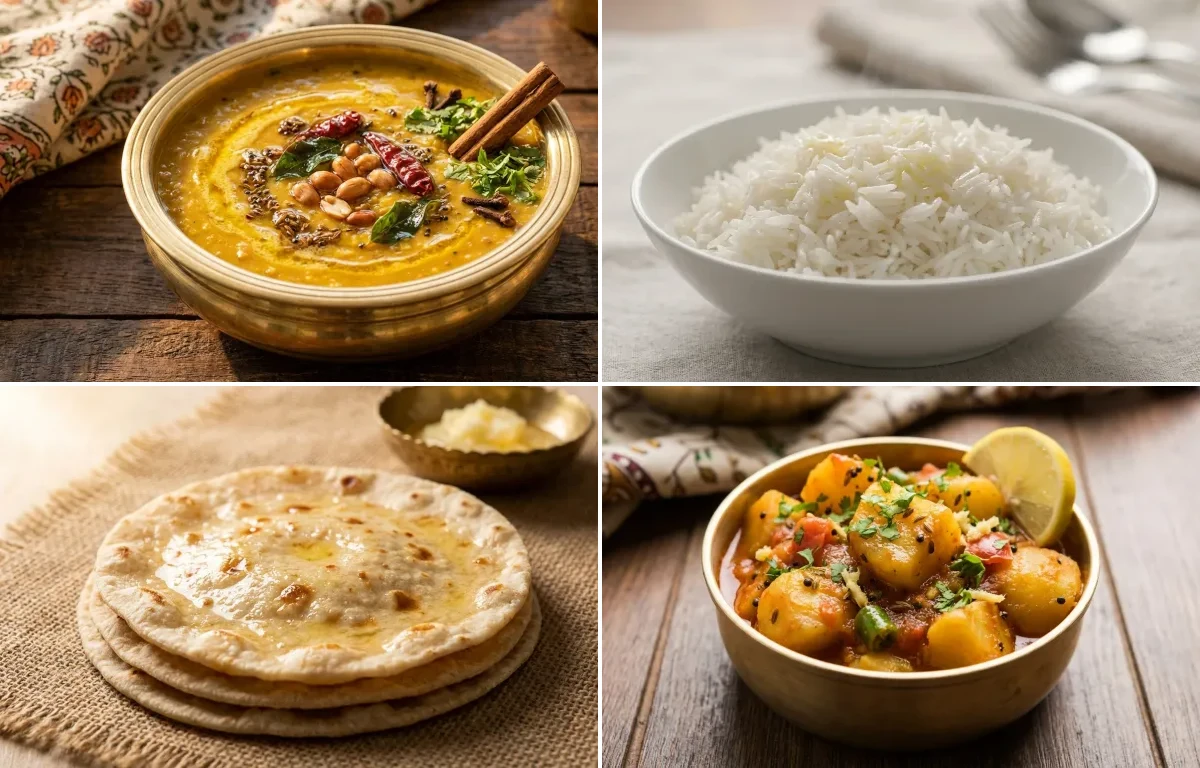 Gujarati Dal with Steamed Basmati Rice, Rotli, Bateta nu Shaak and Masala Chaas