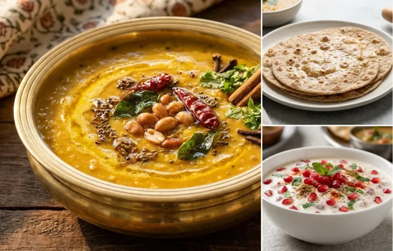 Gujarati Dal with No-Salt Whole Wheat Roti, Egg Bhurji Main, Pomegranate Raita and Mint Coriander Chutney No-Salt
