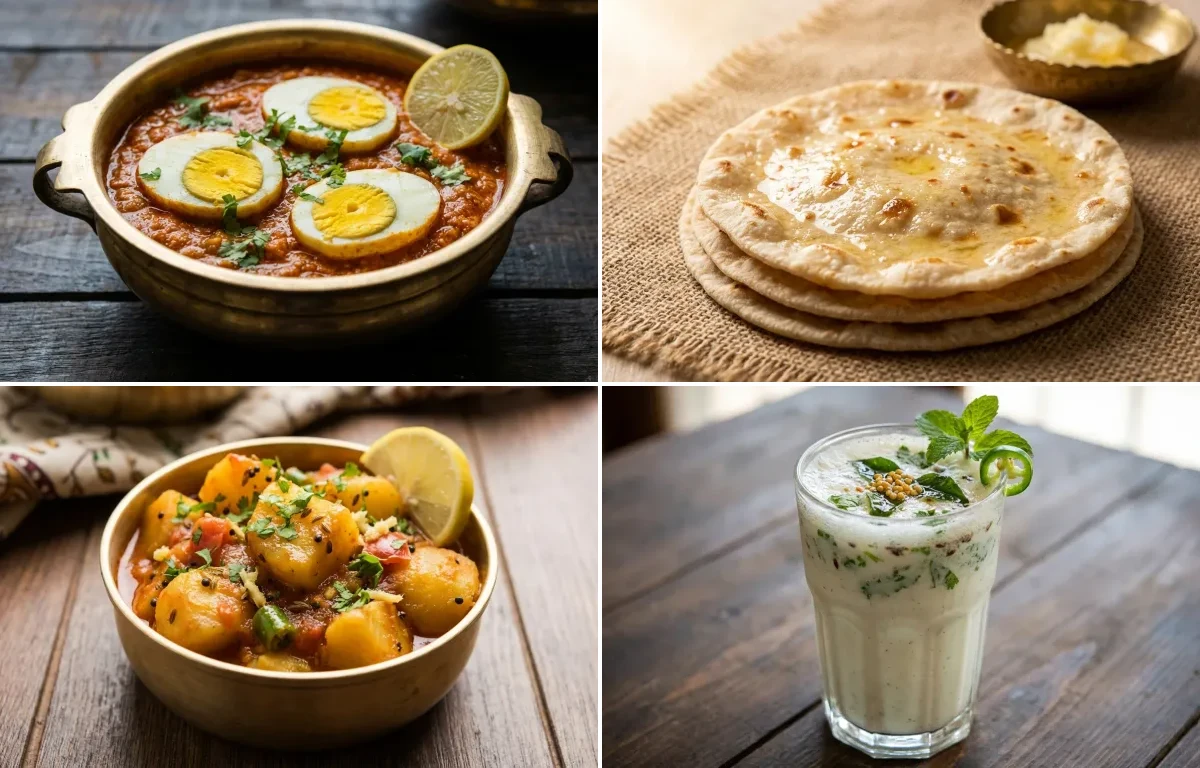 Gujarati Egg Curry with Rotli, Bateta nu Shaak and Masala Chaas