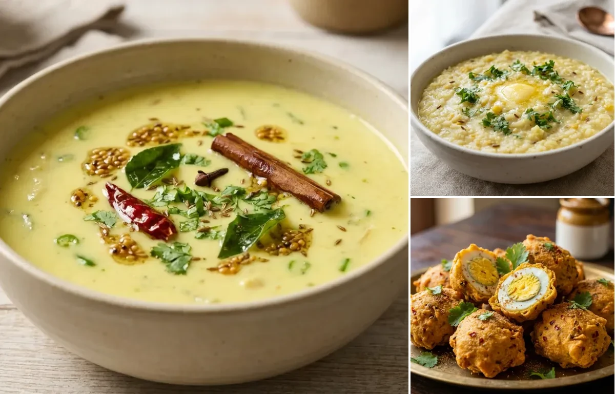 Gujarati Kadhi with Moong Dal Khichdi and Egg Pakora