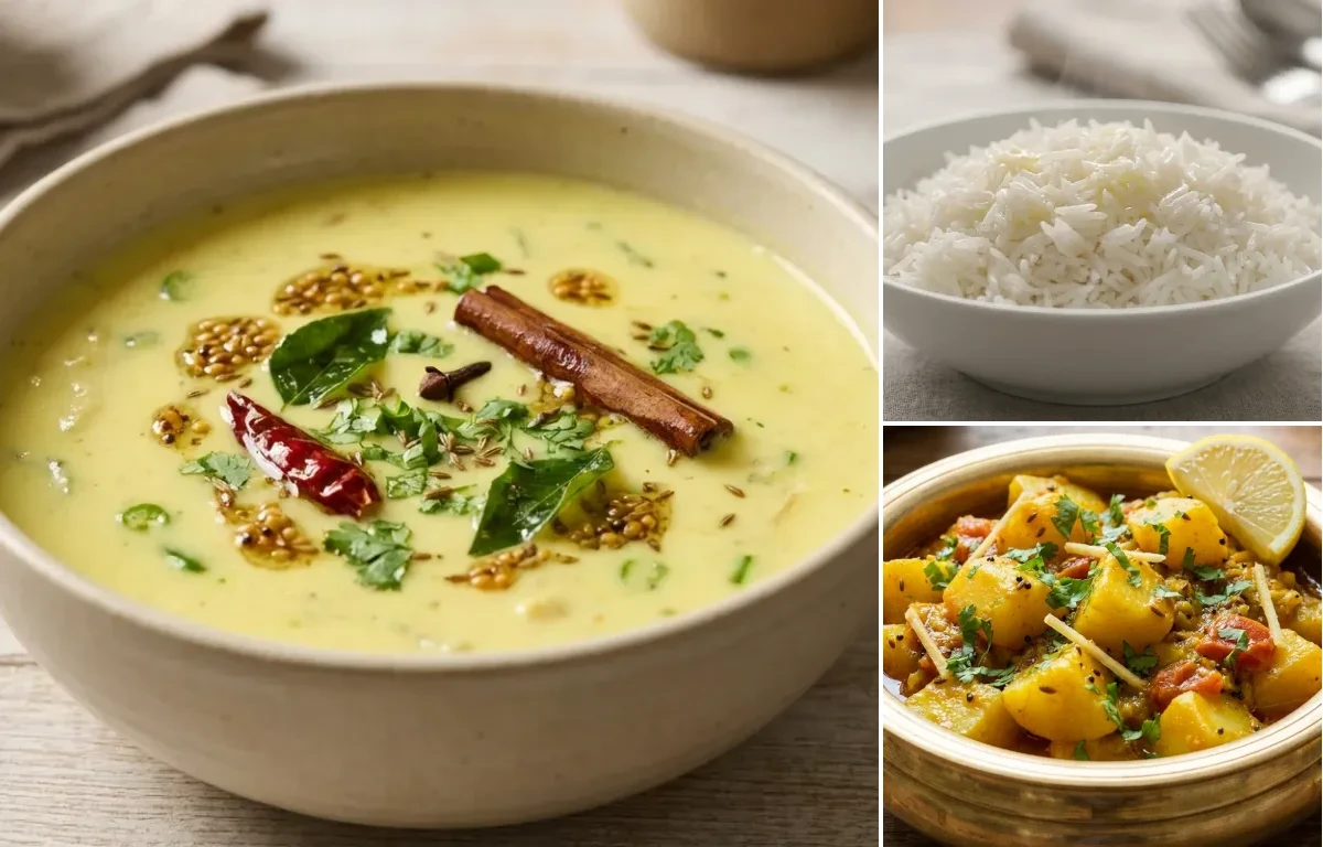 Gujarati Kadhi with Steamed Basmati Rice and Batata nu Shaak