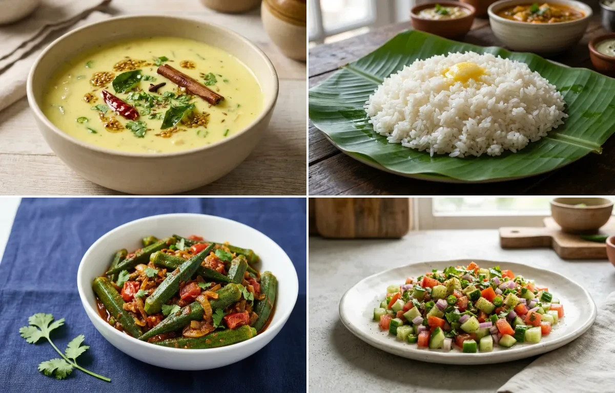 Gujarati Kadhi with Steamed White Rice with Bhindi Masala with Kachumber Salad