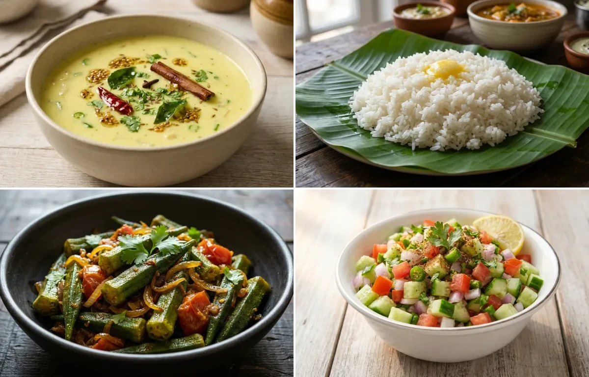 Gujarati Kadhi with Steamed White Rice with Bhindi Sabzi with Kachumber
