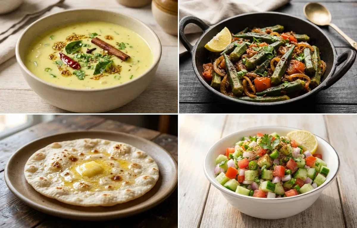 Gujarati Kadhi with Steamed White Rice with Masala Bhindi with Jowar Roti with Kachumber