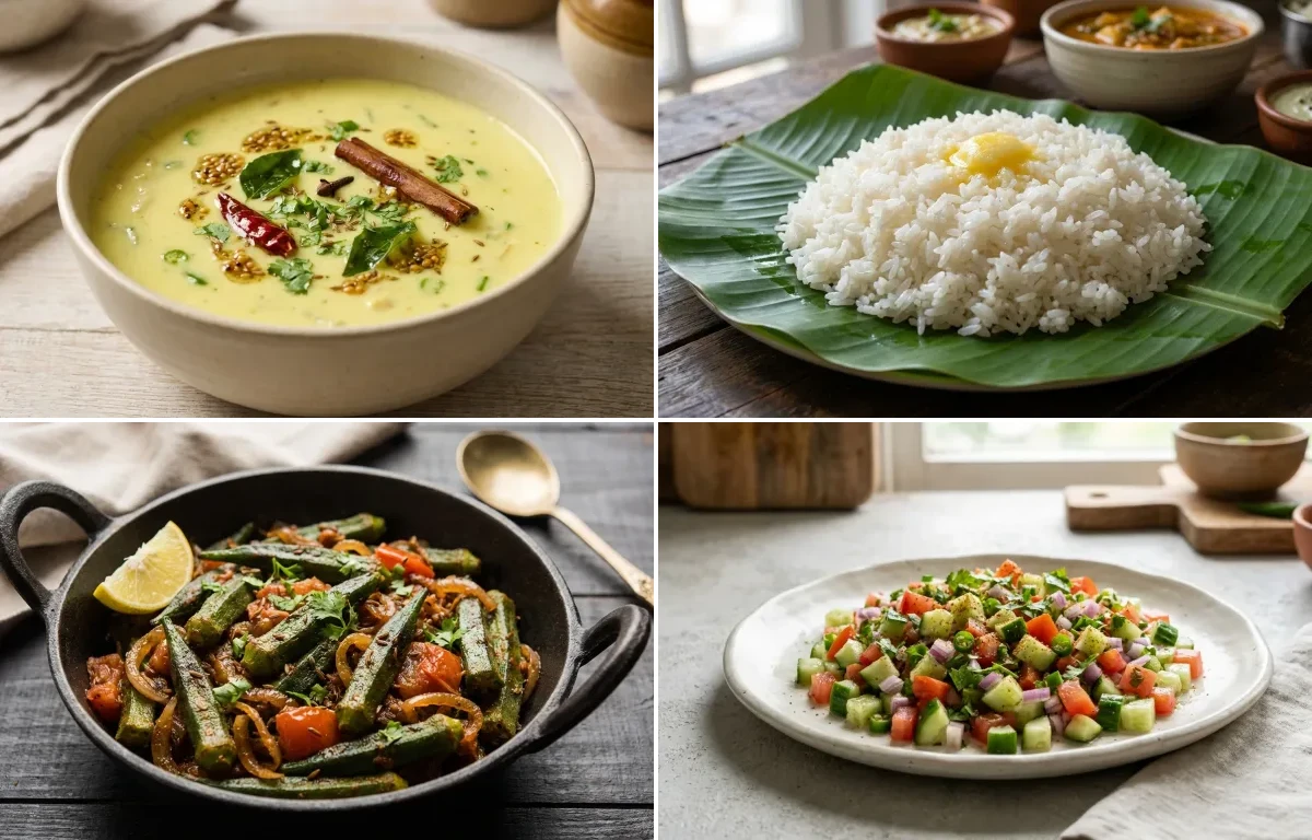 Gujarati Kadhi with Steamed White Rice with Masala Bhindi with Kachumber Salad