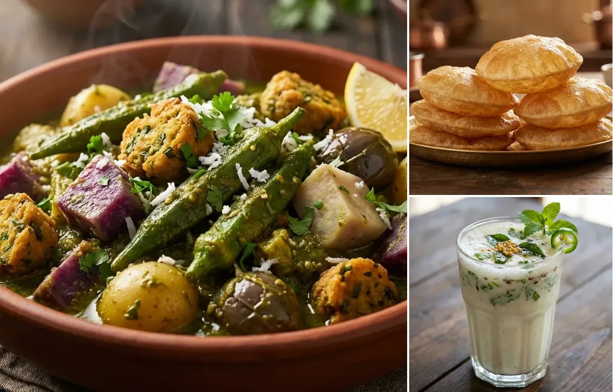 Gujarati Undhiyu with Puri and Masala Chaas