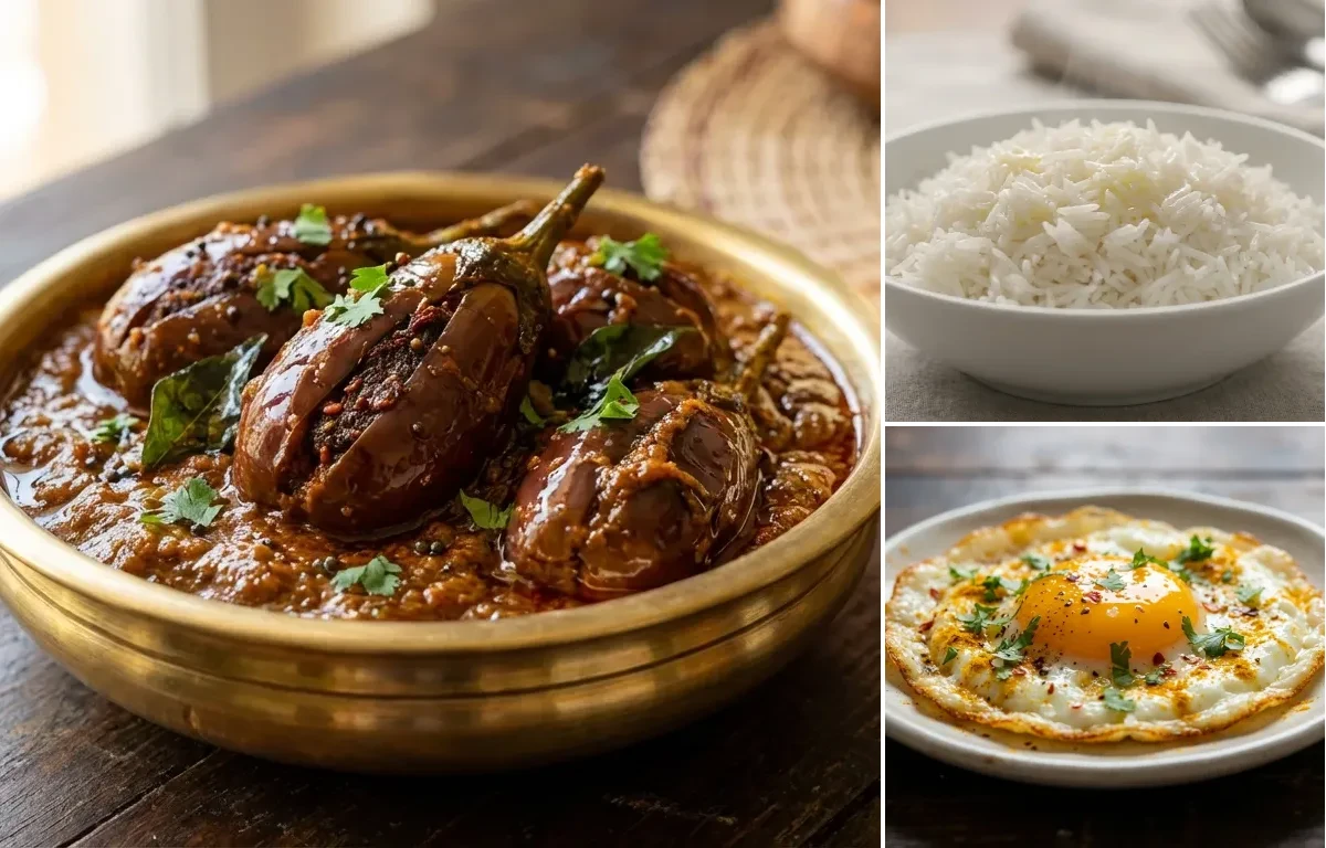 Gutti Vankaya Kura with Steamed Basmati Rice and Fried Egg