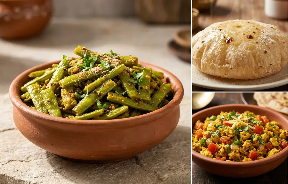 Guvar Fali ki Sabzi with Phulka and Egg Bhurji