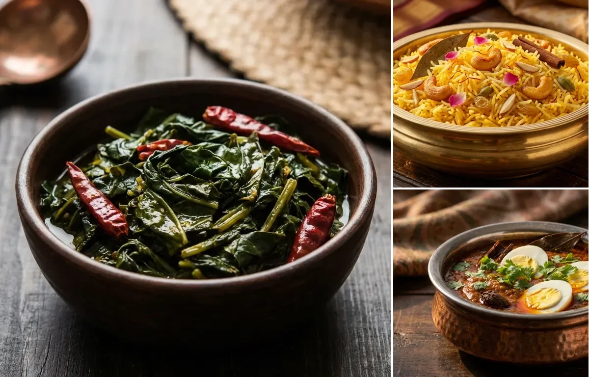 Haak Saag with Kesar Pulao and Egg Rogan Josh