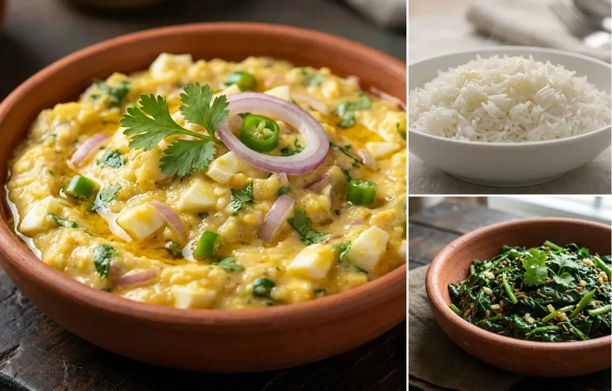 Haaor Koni Pitika with Steamed Basmati Rice and Xaak Bhaji