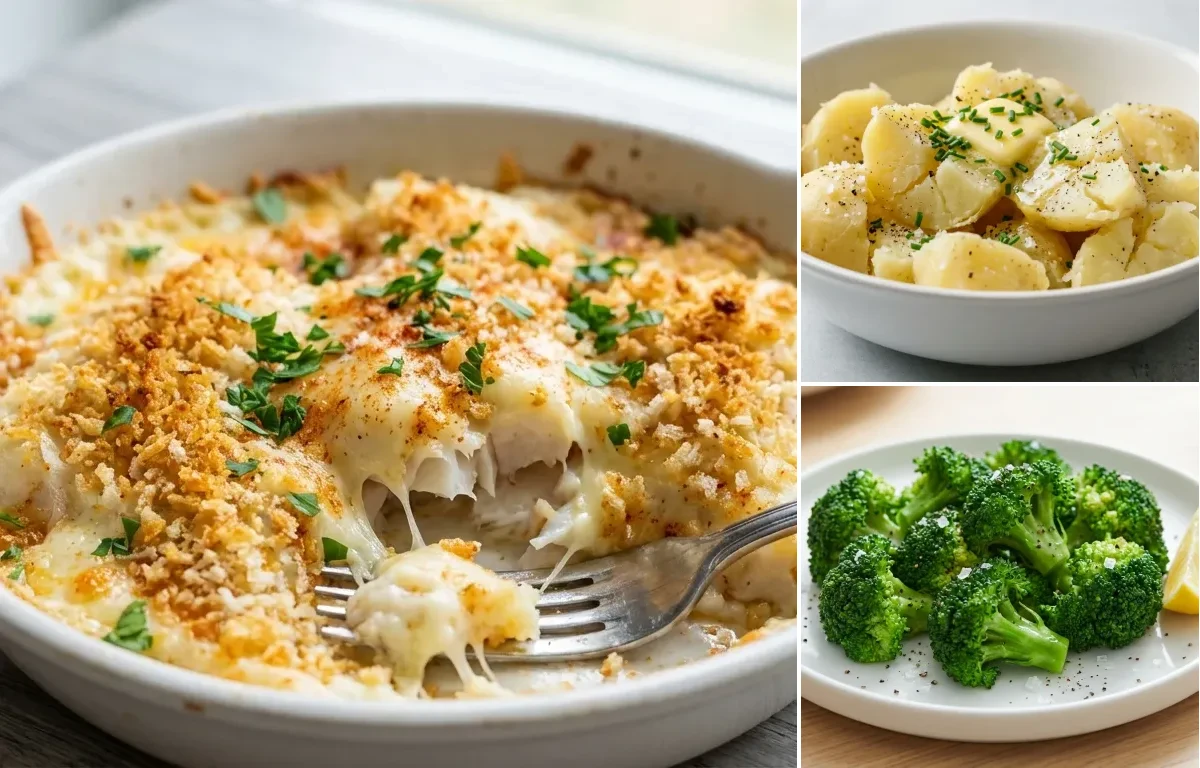 Haddock au Gratin with Boiled Potatoes and Steamed Broccoli