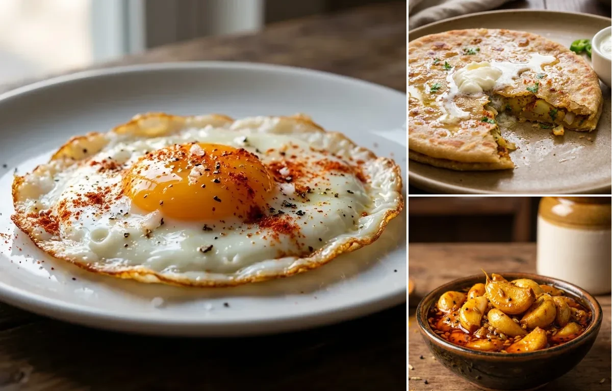 Half Fry Eggs with Aloo Paratha and Garlic Pickle