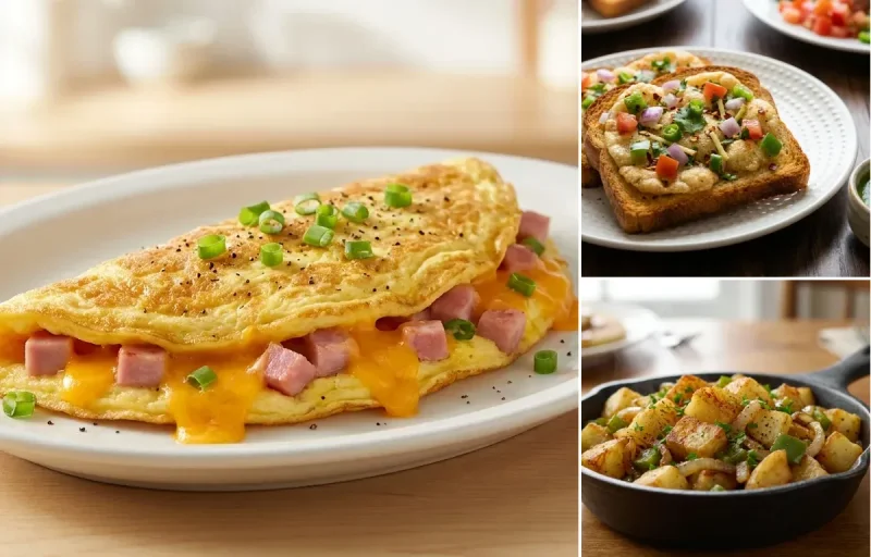 Ham and Cheese Omelet with Suji Toast and Home Fries