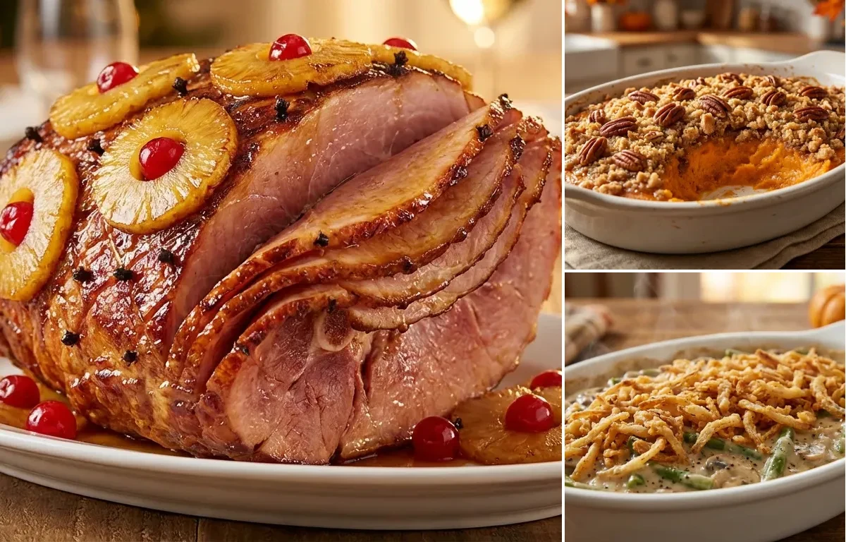 Ham with Pineapple Glaze with Sweet Potato Casserole and Green Bean Casserole