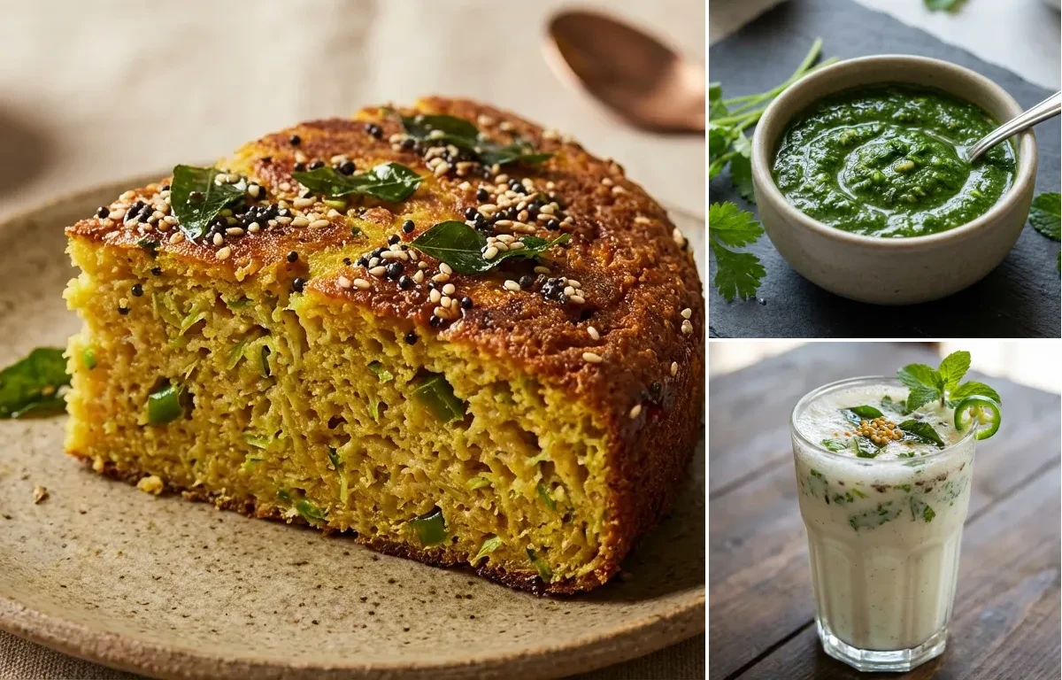 Handvo with Coriander Mint Chutney and Masala Chaas