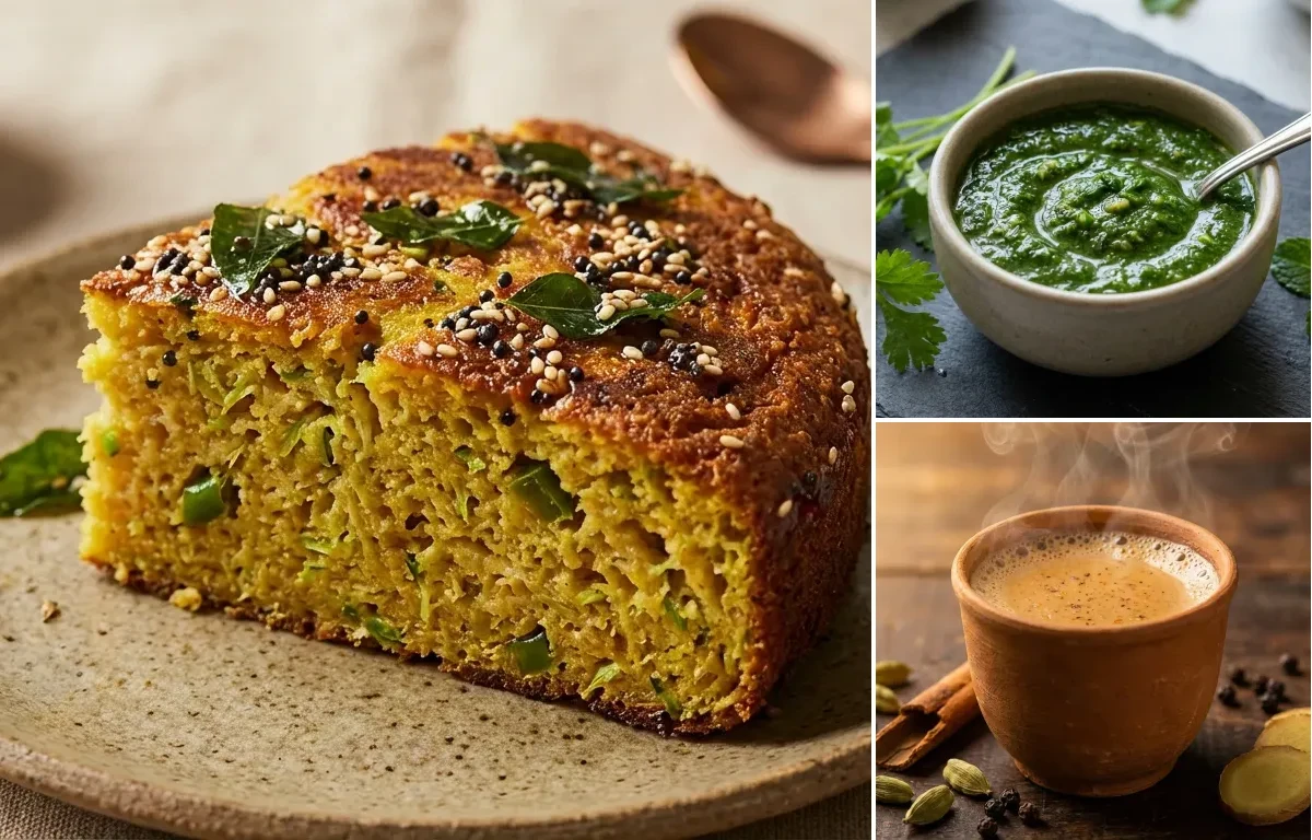 Handvo with Coriander Mint Chutney