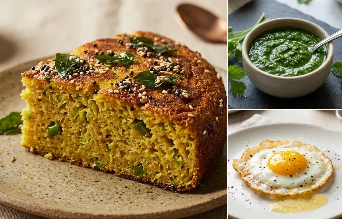 Handvo with Coriander Mint Chutney and Sunny Side Up