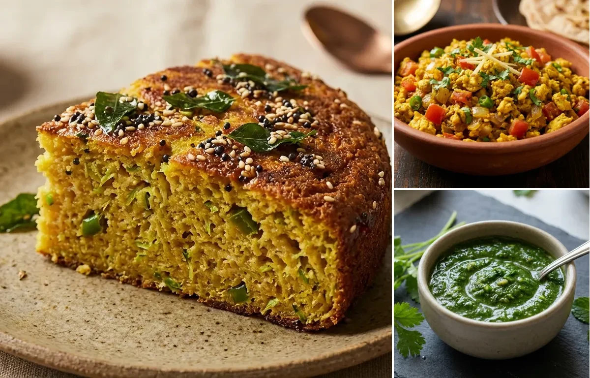 Handvo with Egg Bhurji and Coriander Mint Chutney