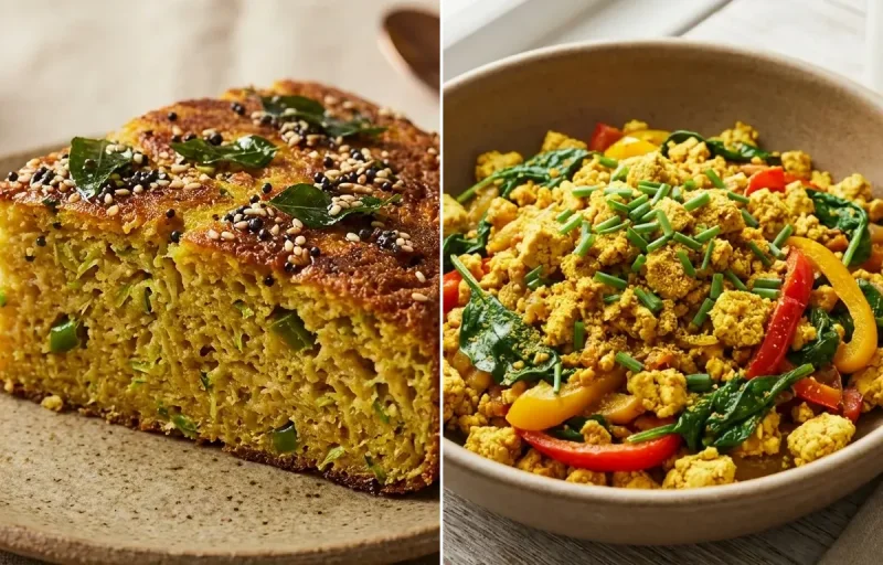 Handvo with Mint Coriander Chutney No-Salt and Tofu Scramble