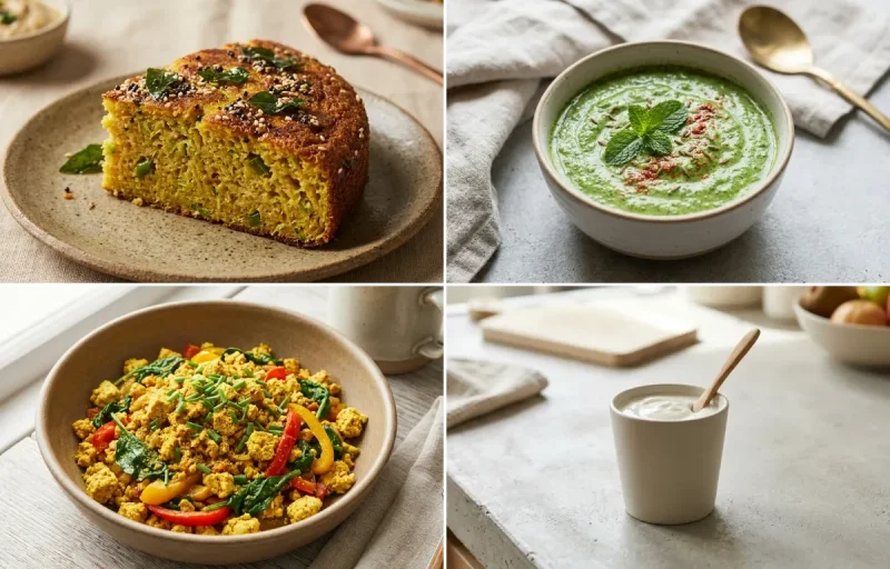 Handvo with Mint Yogurt Chutney, Tofu Scramble and Plain Yogurt Cup