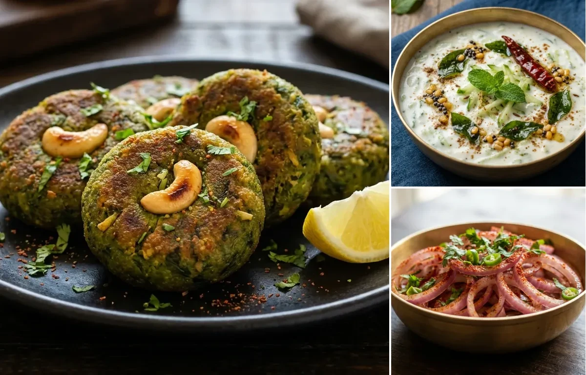Hara Bhara Kebab with Raita and Onion Salad