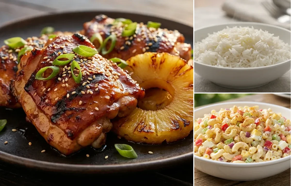 Hawaiian BBQ Chicken with Steamed Basmati Rice and Macaroni Salad