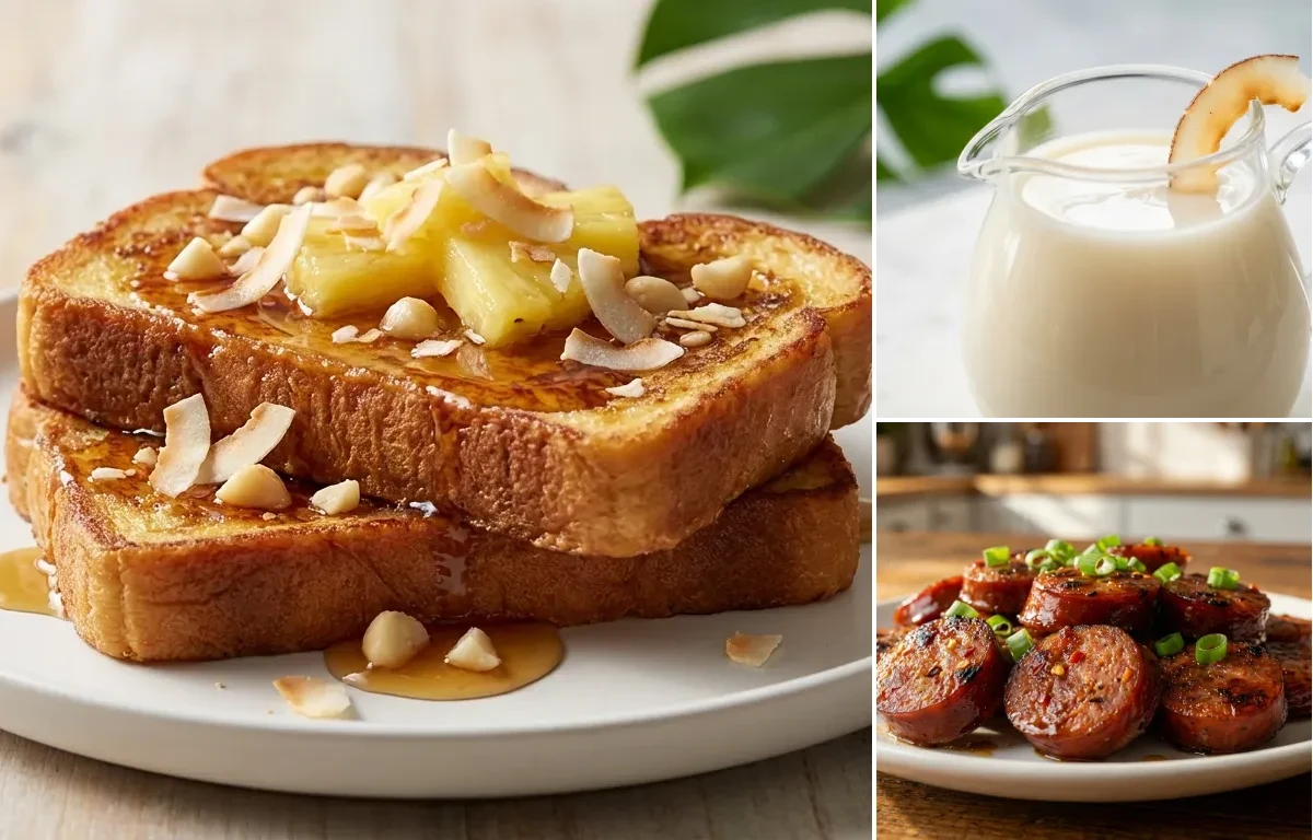 Hawaiian French Toast with Coconut Syrup and Hawaiian-Style Portuguese Sausage
