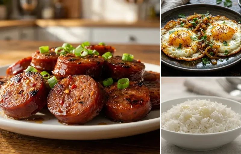 Hawaiian-Style Portuguese Sausage with Indian Fried Eggs and Steamed Basmati Rice