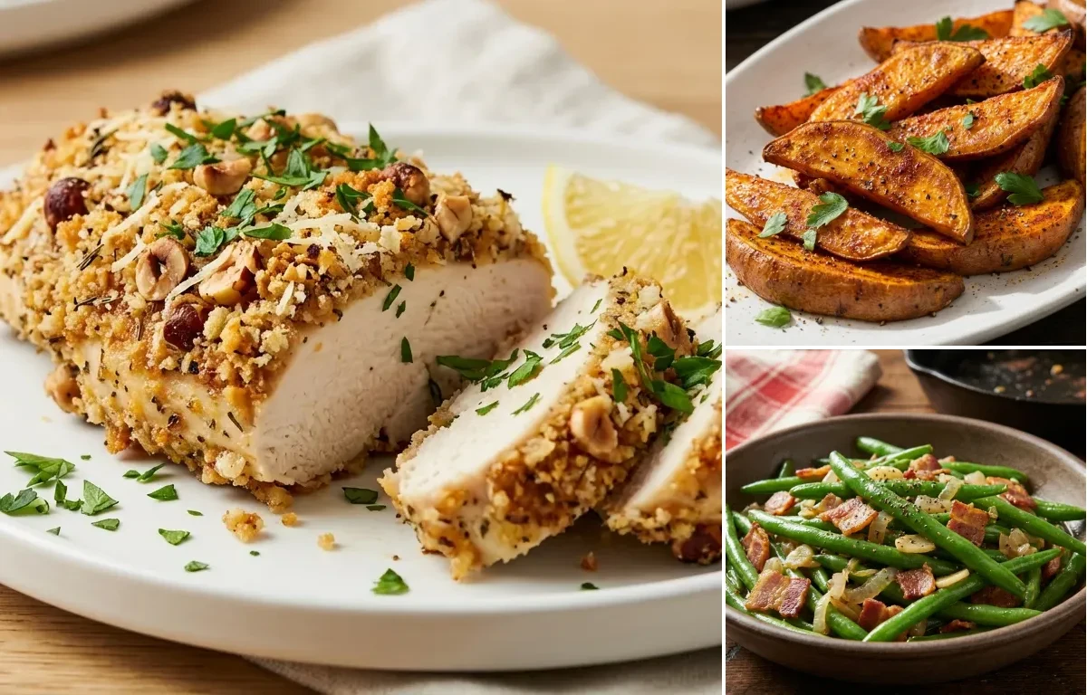 Hazelnut-Crusted Chicken with Roasted Sweet Potatoes and Sauteed Green Beans with Bacon