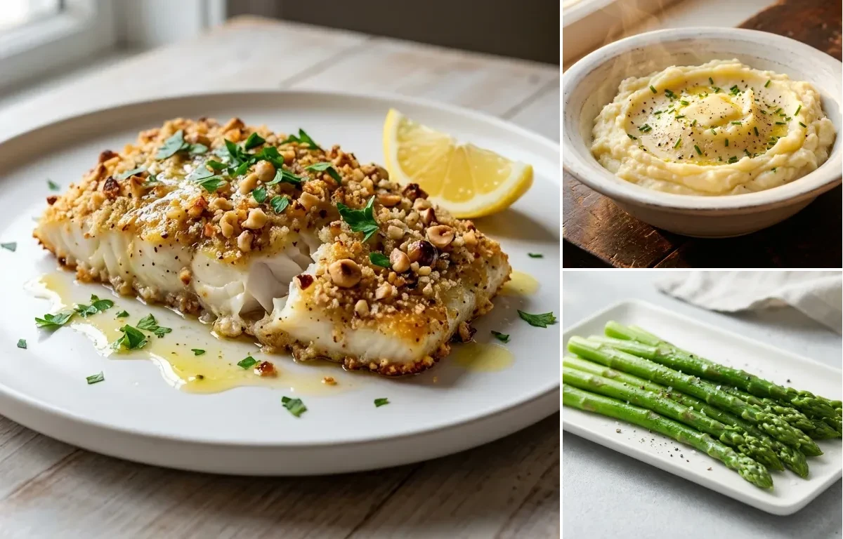 Hazelnut-Crusted Halibut with Mashed Potatoes and Steamed Asparagus