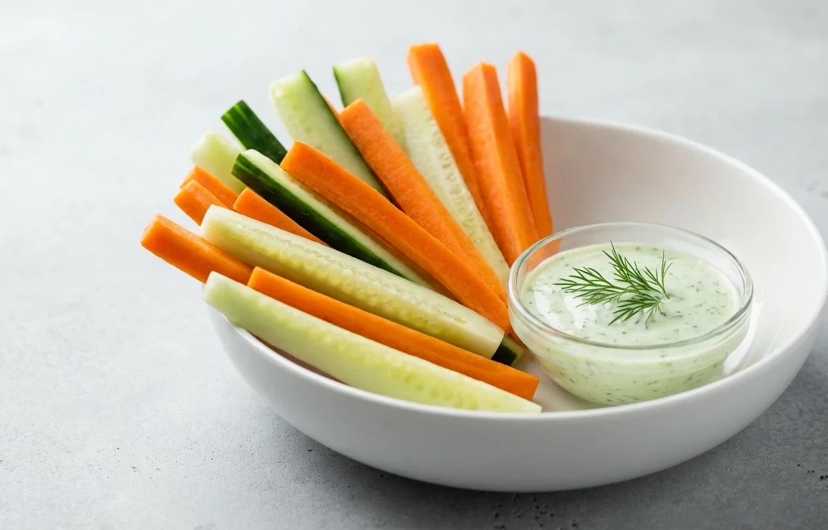 Healthy Chicken Salad with Whole Wheat Pita and Carrot and Cucumber Sticks
