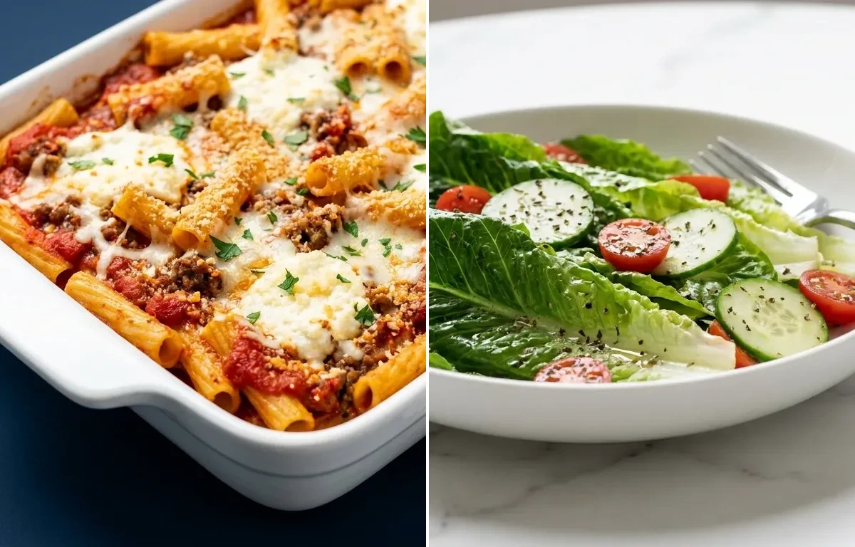 Hearty Baked Ziti Casserole with Simple Italian Green Salad