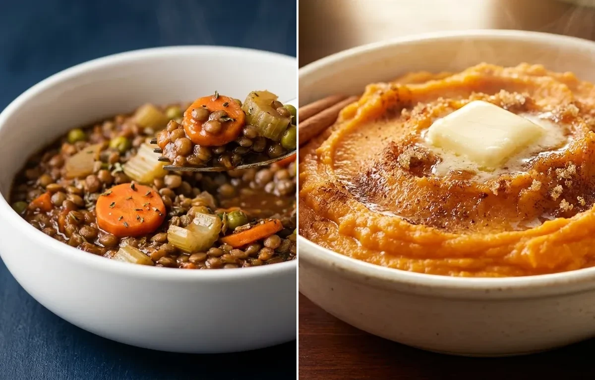 Hearty Brown Lentil and Vegetable Filling with Sweet Potato Mash