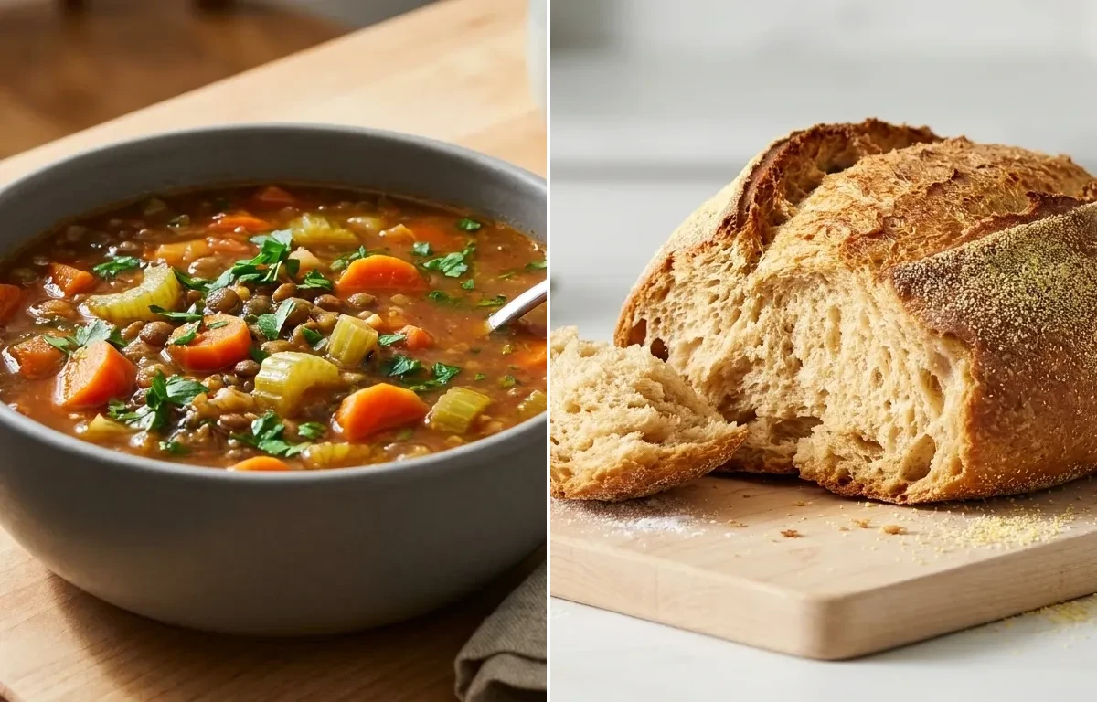 Hearty Vegetable Lentil Soup with Crusty Whole Wheat Bread