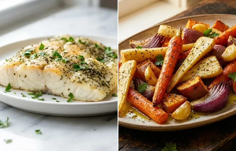 Herb-Baked Cod Fillets with Roasted Root Vegetables