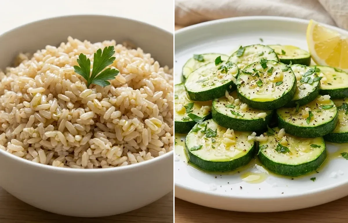 Herb Baked Cod with Steamed Brown Rice and Steamed Zucchini