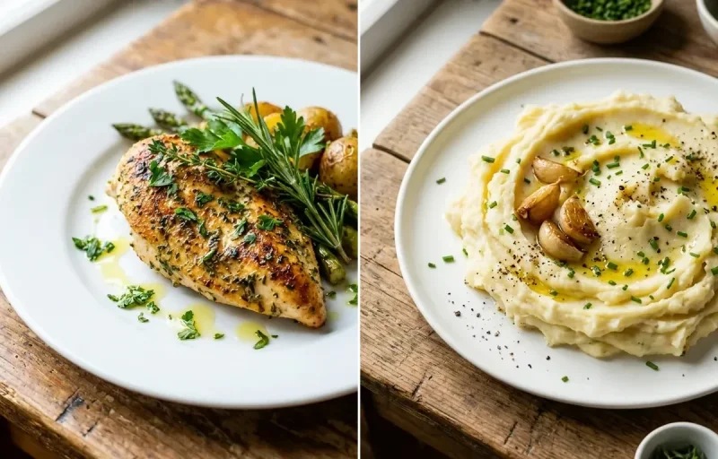 Herb-Crusted Pan-Seared Chicken Breast with Roasted Garlic Mashed Potatoes